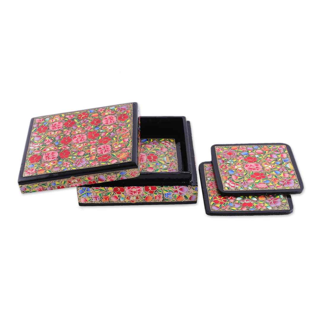 Set of 6 Floral Multicolor Wood and Papier Mache Coasters - Blooming Valley