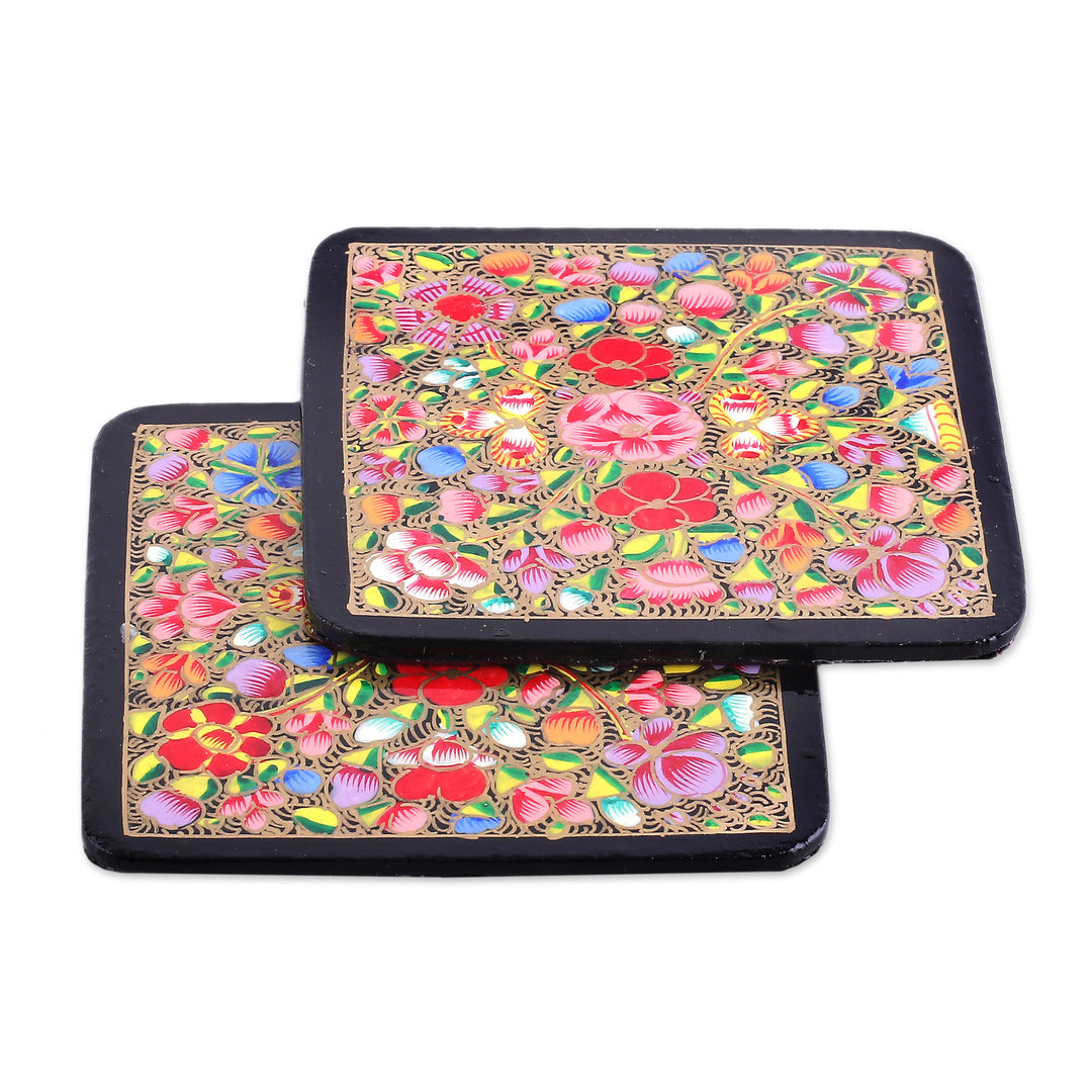 Set of 6 Floral Multicolor Wood and Papier Mache Coasters - Blooming Valley