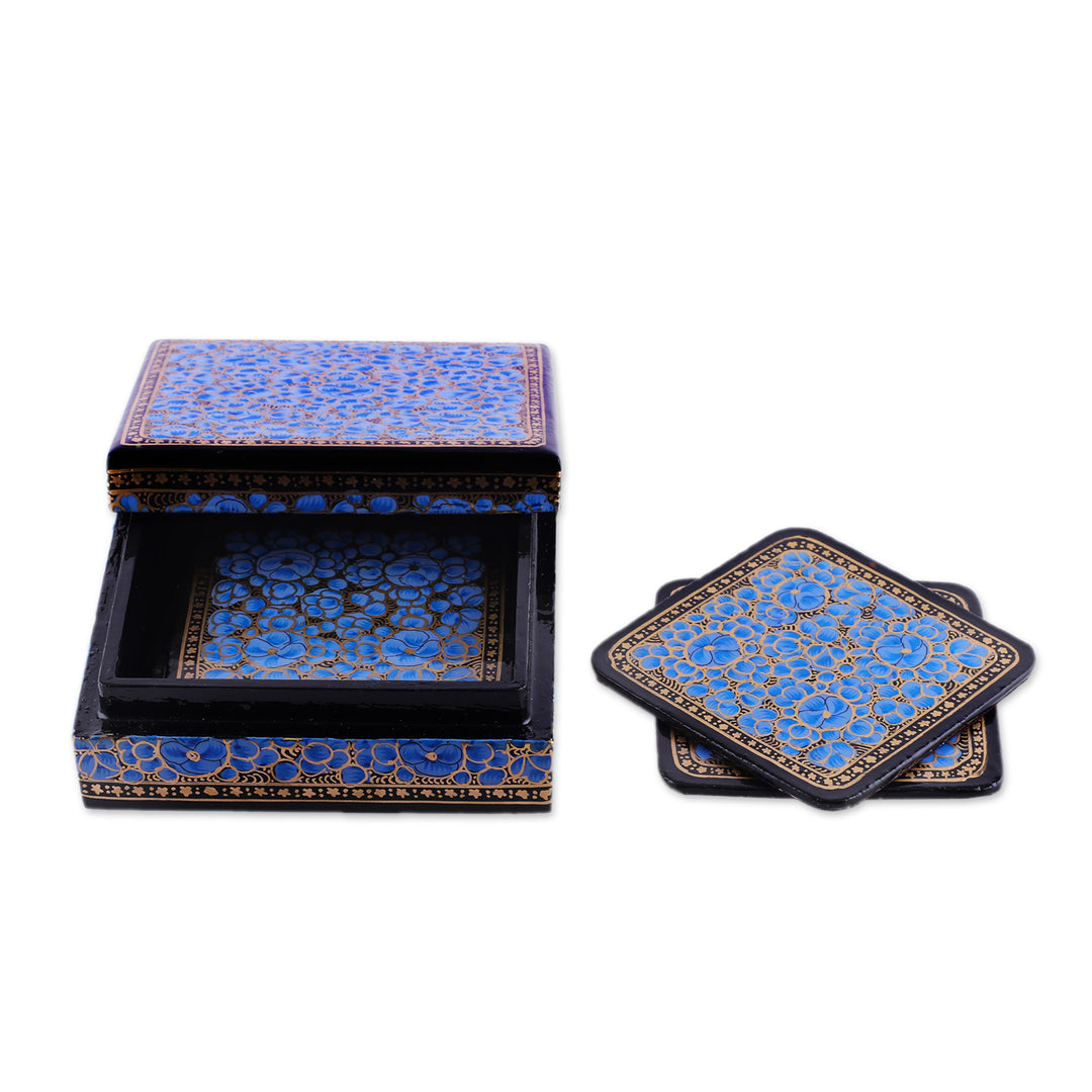 Set of 6 Floral Blue Wood and Papier Mache Coasters - Blooming Winter