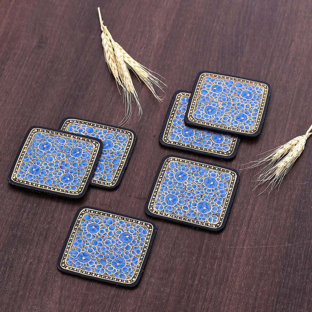 Set of 6 Floral Blue Wood and Papier Mache Coasters - Blooming Winter