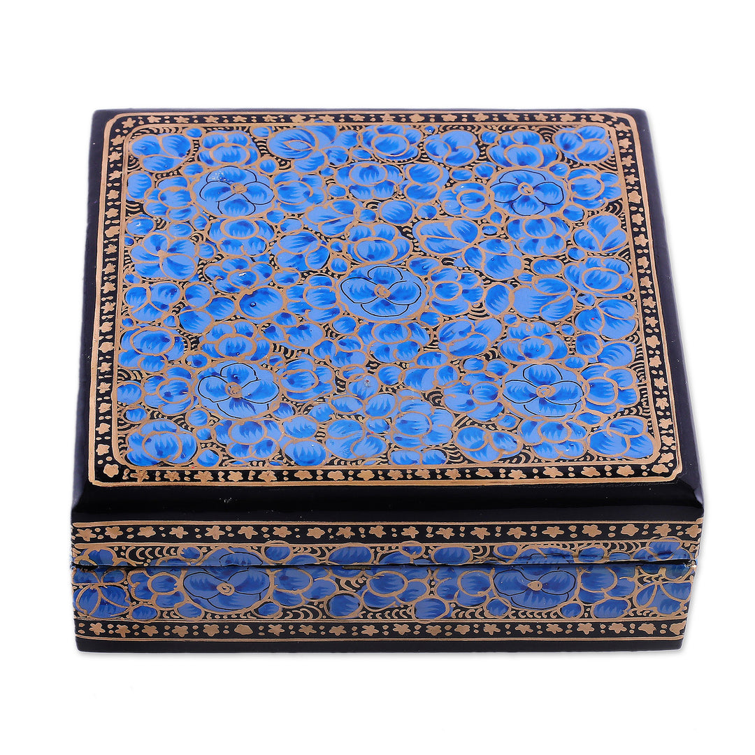 Set of 6 Floral Blue Wood and Papier Mache Coasters - Blooming Winter