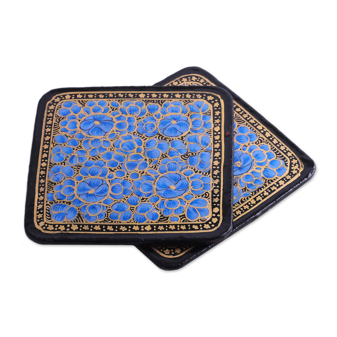 Set of 6 Floral Blue Wood and Papier Mache Coasters - Blooming Winter