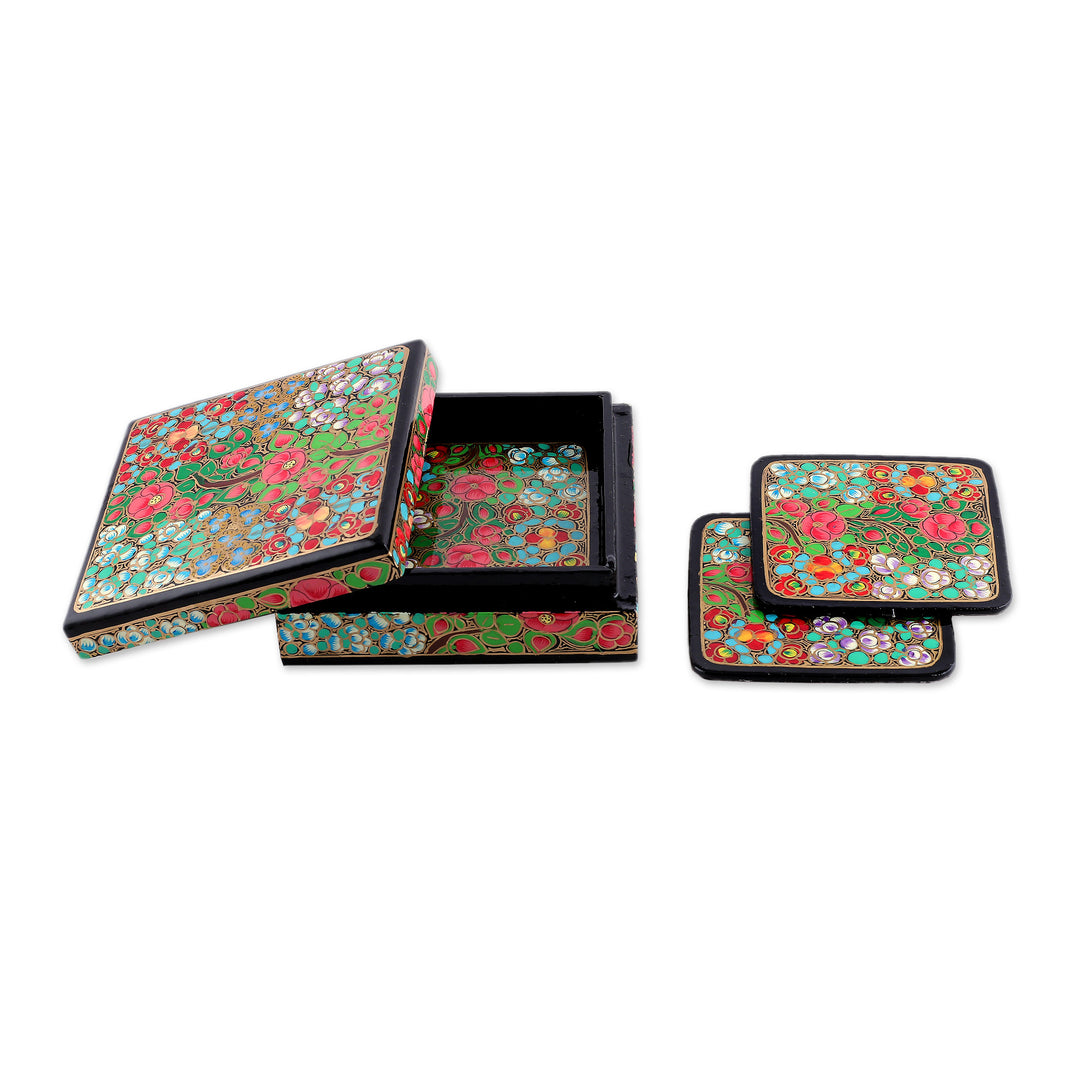 Set of 6 Floral Painted Wood and Papier Mache Coasters - Blooming Time