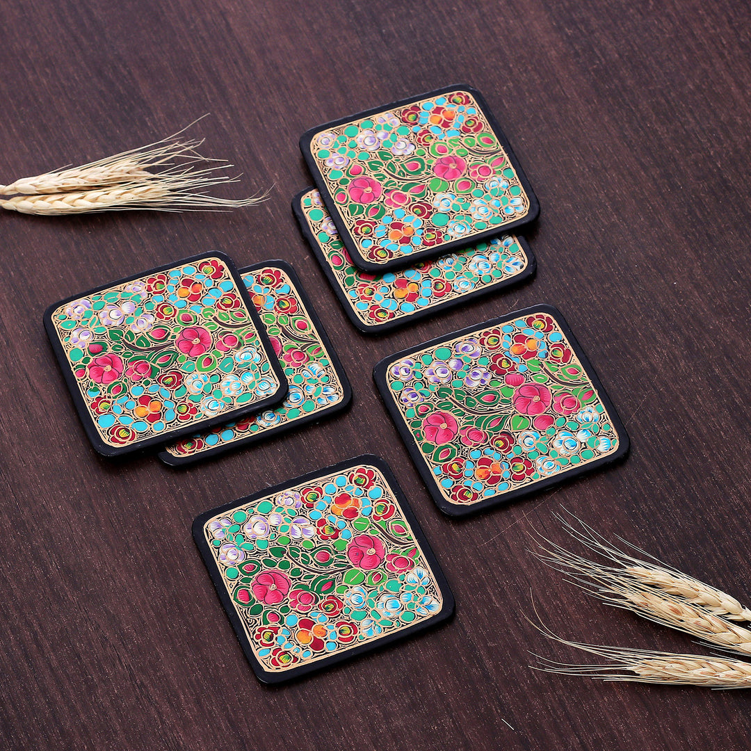 Set of 6 Floral Painted Wood and Papier Mache Coasters - Blooming Time