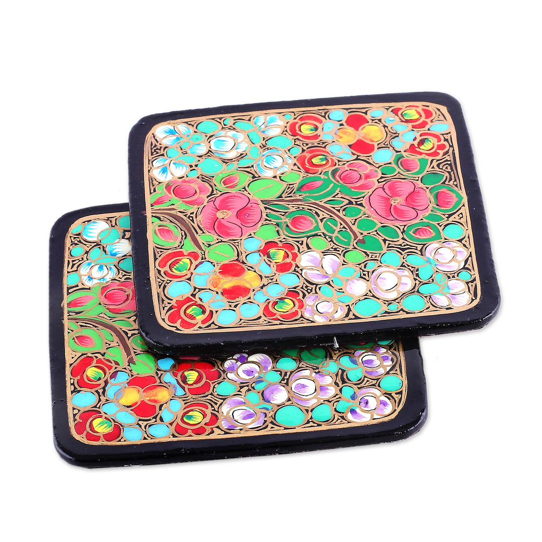 Set of 6 Floral Painted Wood and Papier Mache Coasters - Blooming Time