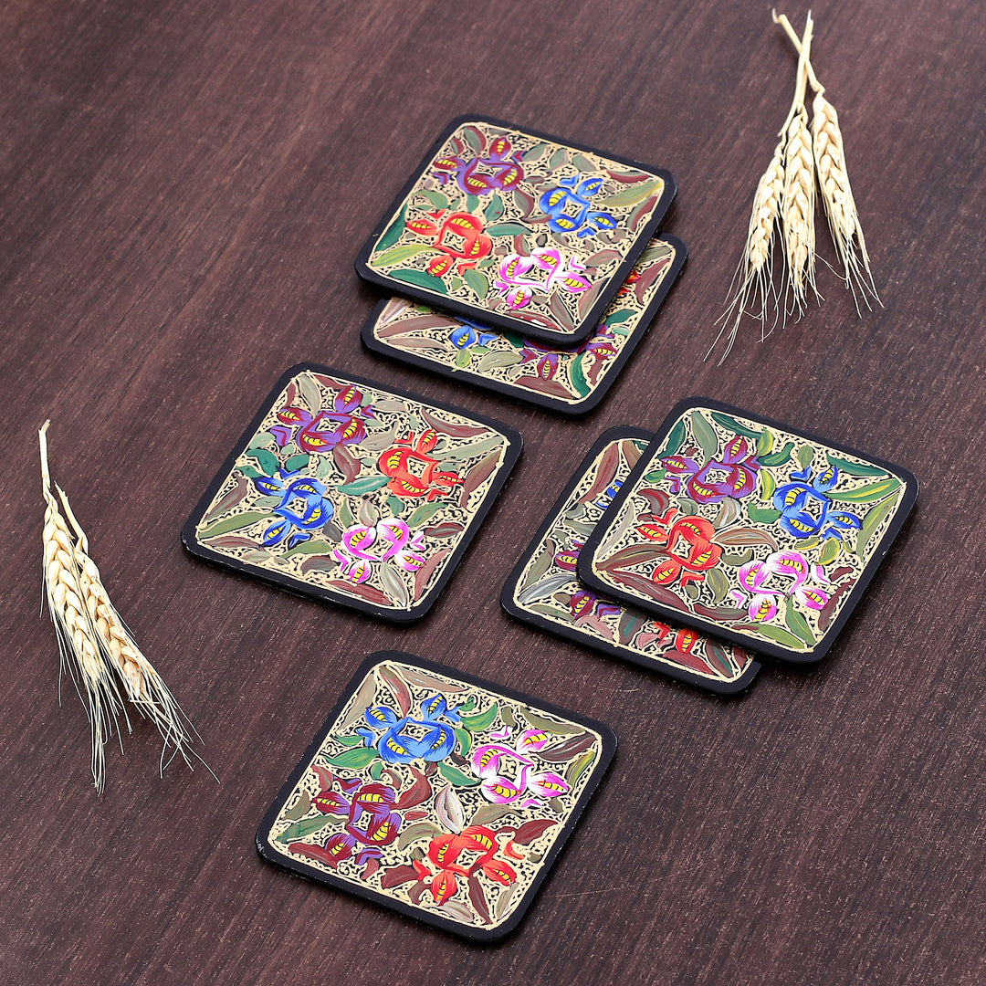 Set of 6 Floral Brown Wood and Papier Mache Coasters - Blooming Manor