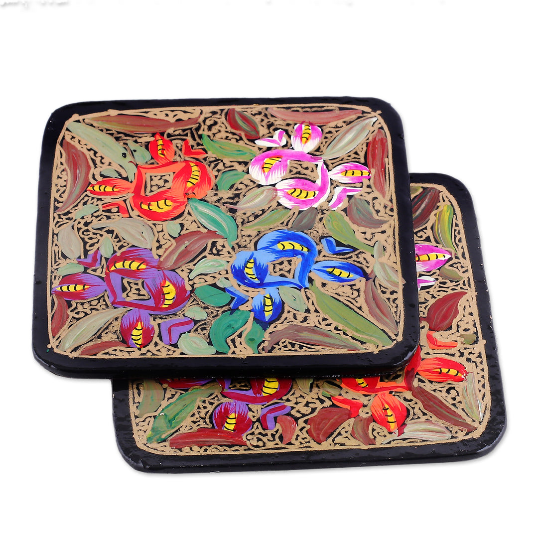 Set of 6 Floral Brown Wood and Papier Mache Coasters - Blooming Manor