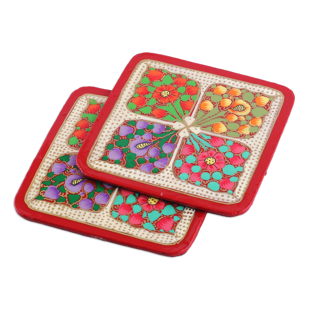 Set of 6 Floral Painted Red Wood and Papier Mache Coasters - Lovely Elixir