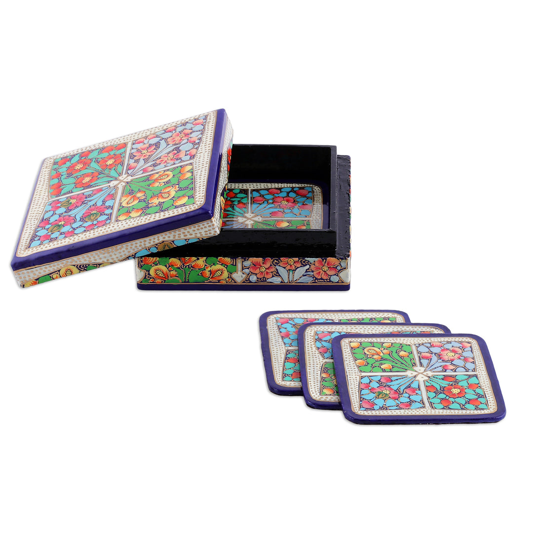 Set of 6 Floral Painted Blue Wood and Papier Mache Coasters - Oneiric Elixir