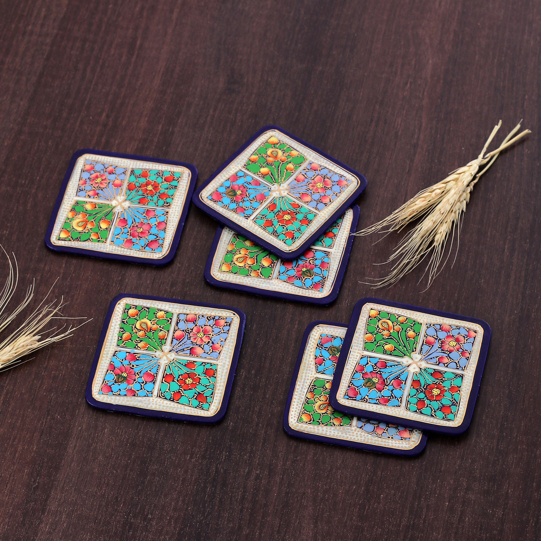 Set of 6 Floral Painted Blue Wood and Papier Mache Coasters - Oneiric Elixir