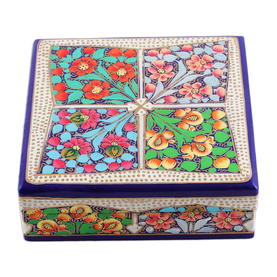 Set of 6 Floral Painted Blue Wood and Papier Mache Coasters - Oneiric Elixir