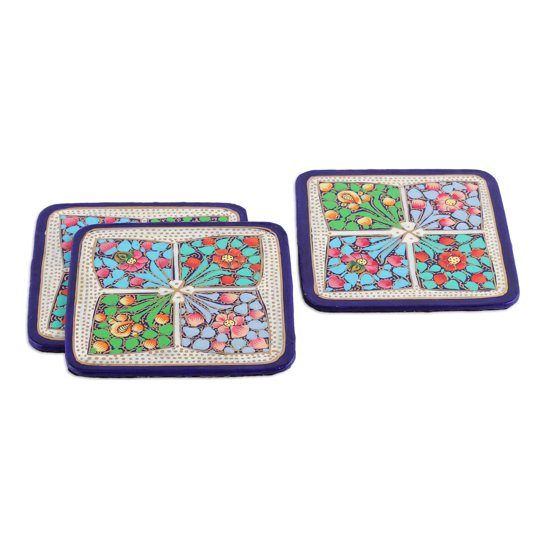 Set of 6 Floral Painted Blue Wood and Papier Mache Coasters - Oneiric Elixir