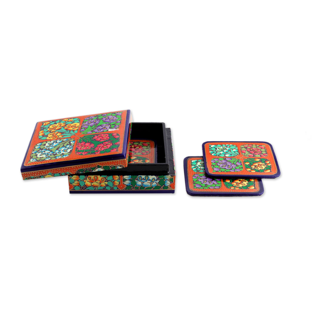Set of 6 Floral Painted Orange Papier Mache Coasters - Summer Elixir