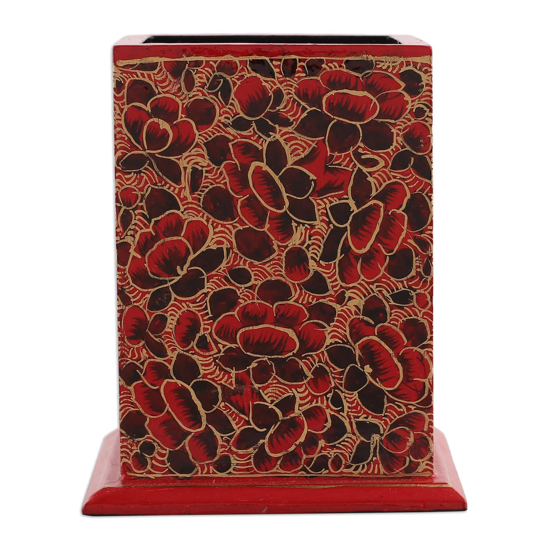 Floral Red and Golden Wood and Papier Mache Pen Holder - Romantic Spring