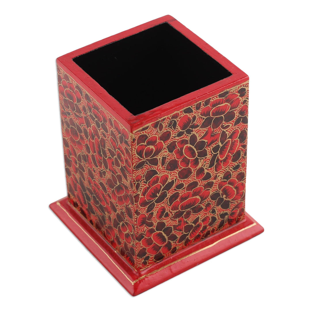 Floral Red and Golden Wood and Papier Mache Pen Holder - Romantic Spring