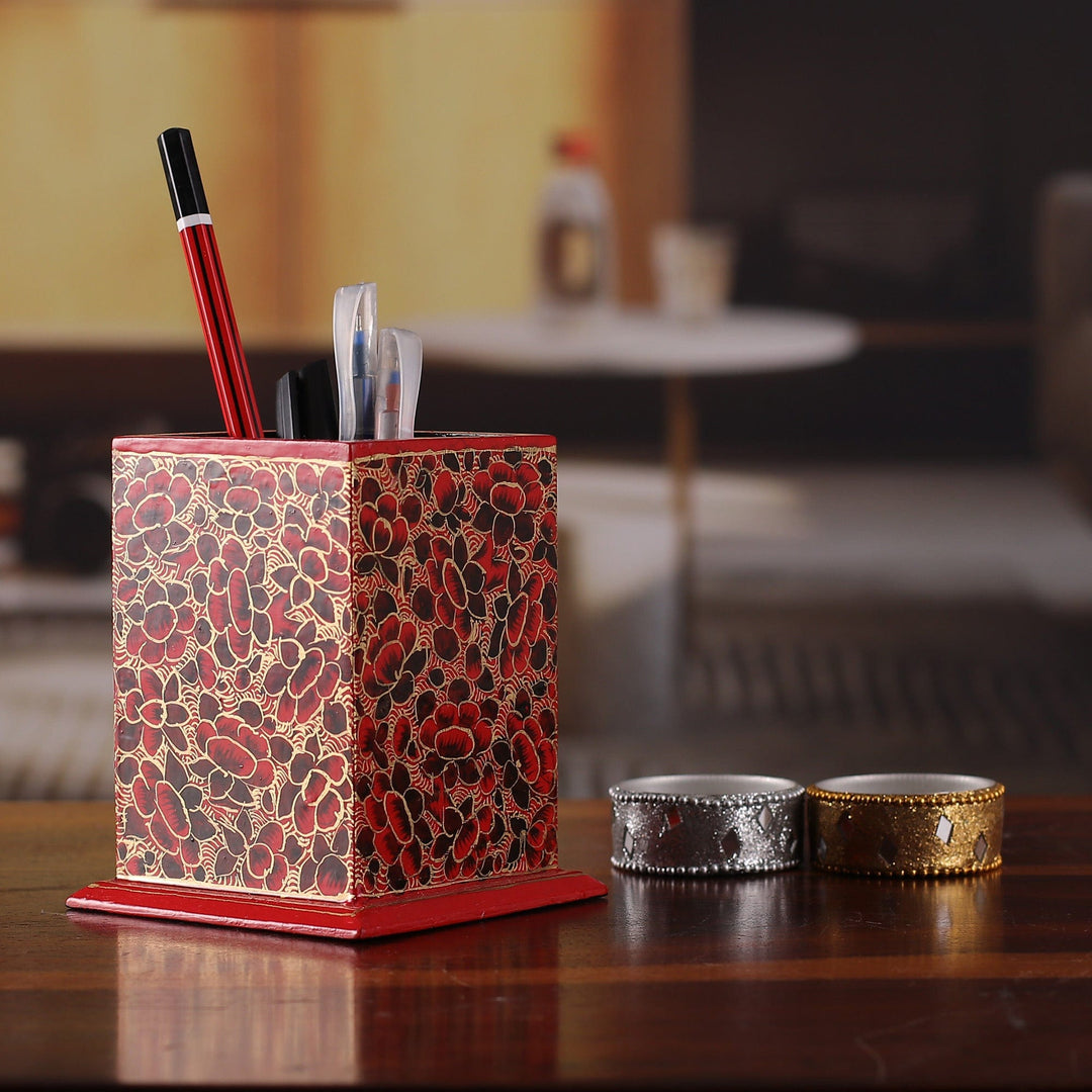Floral Red and Golden Wood and Papier Mache Pen Holder - Romantic Spring