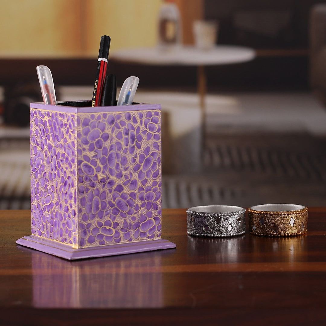 Floral Purple and Golden Wood and Papier Mache Pen Holder - Charmed Spring