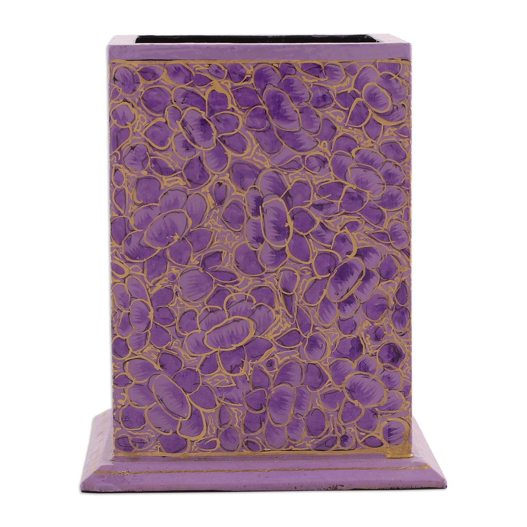 Floral Purple and Golden Wood and Papier Mache Pen Holder - Charmed Spring