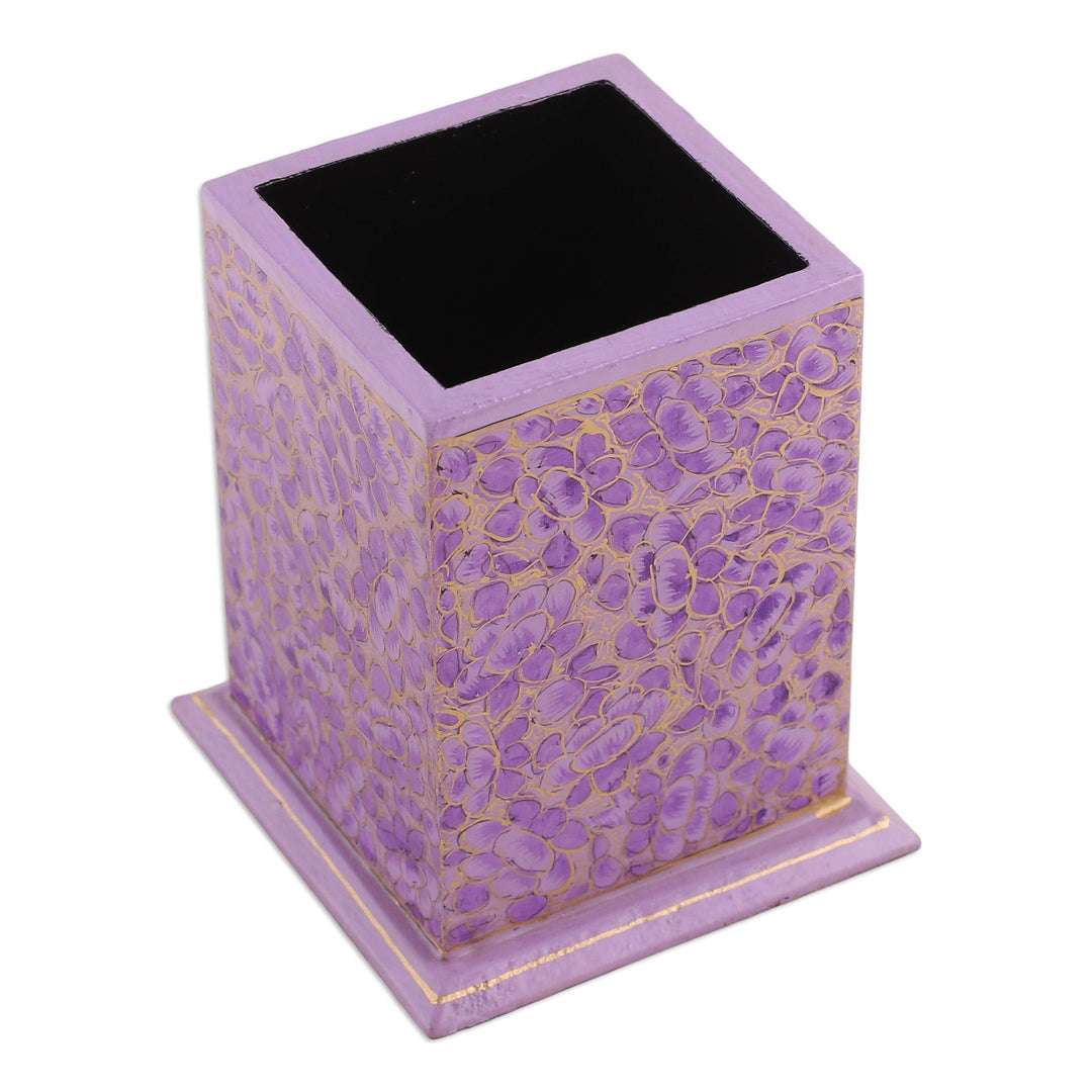Floral Purple and Golden Wood and Papier Mache Pen Holder - Charmed Spring