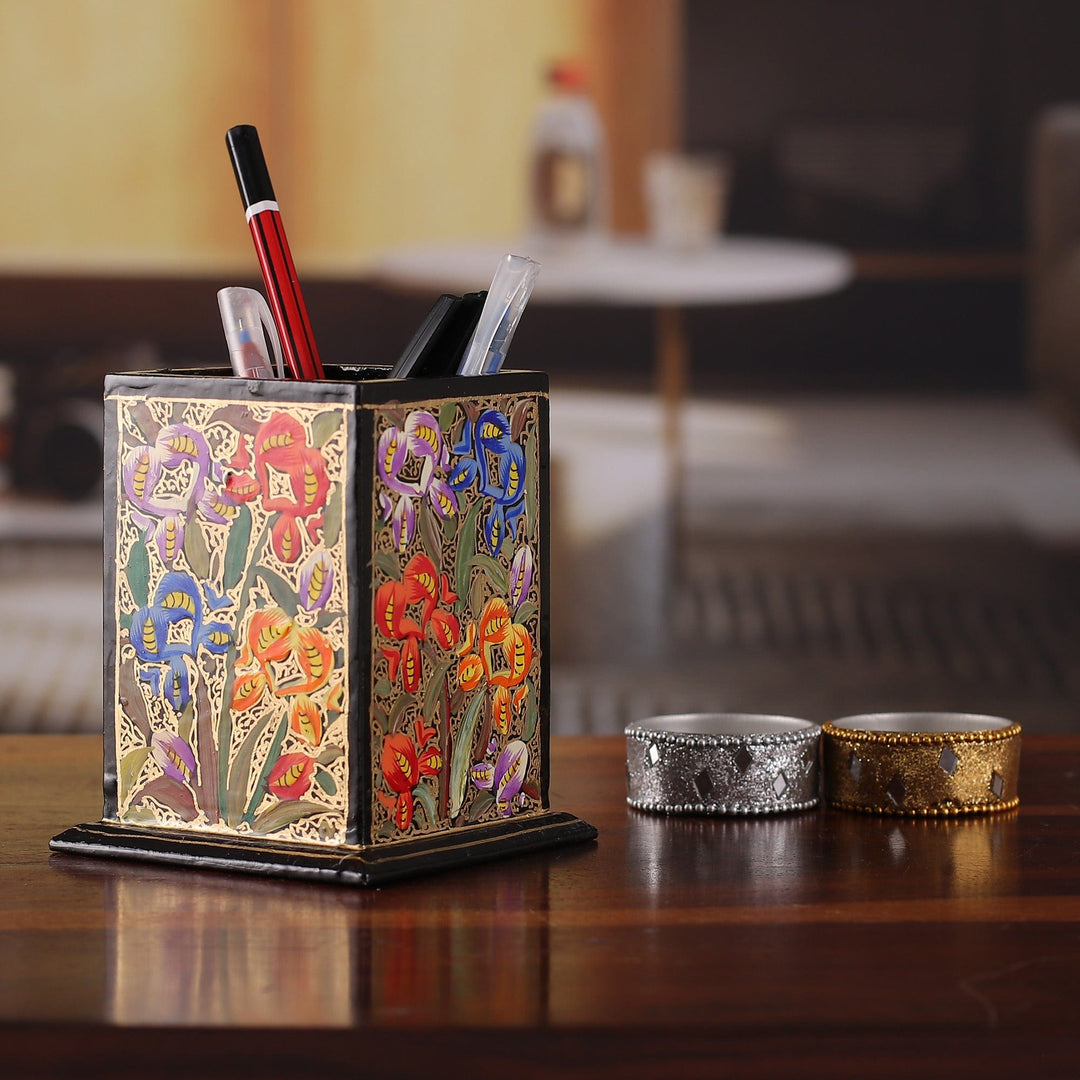 Floral Weeping Willow Wood and Papier Mache Pen Holder - Blooming Conquest