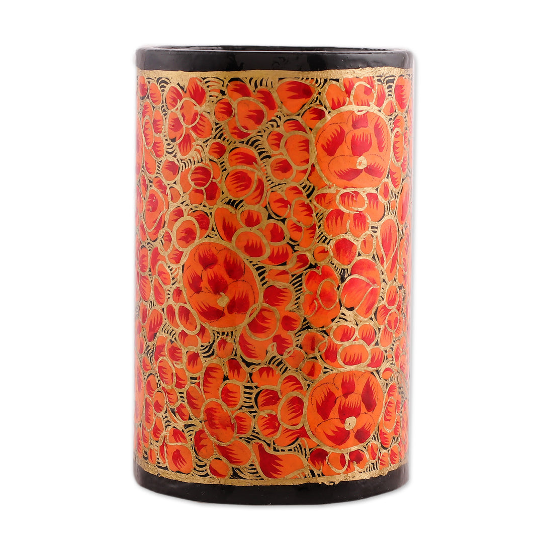 Round Red and Golden Wood and Papier Mache Pen Holder - Springtime Red