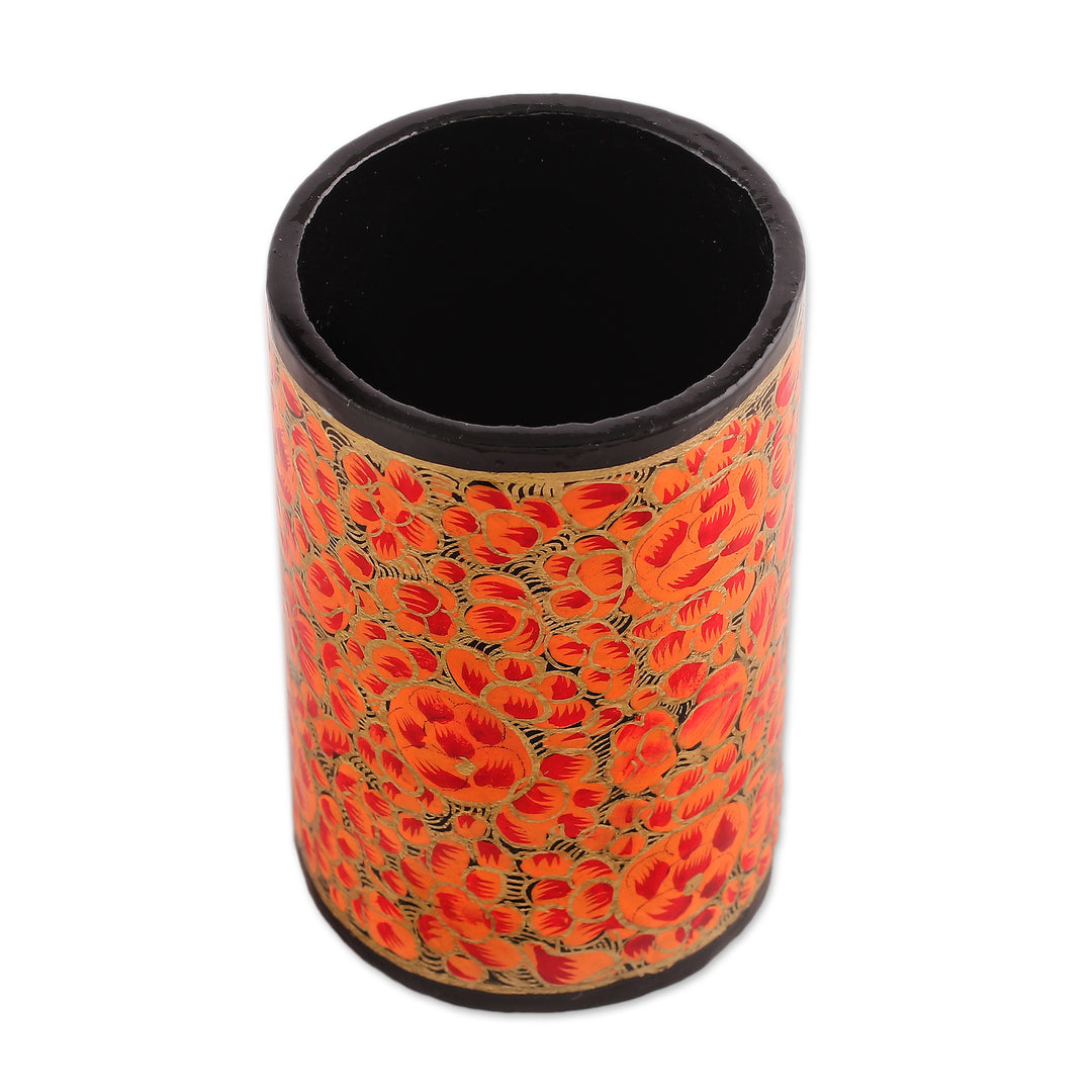 Round Red and Golden Wood and Papier Mache Pen Holder - Springtime Red