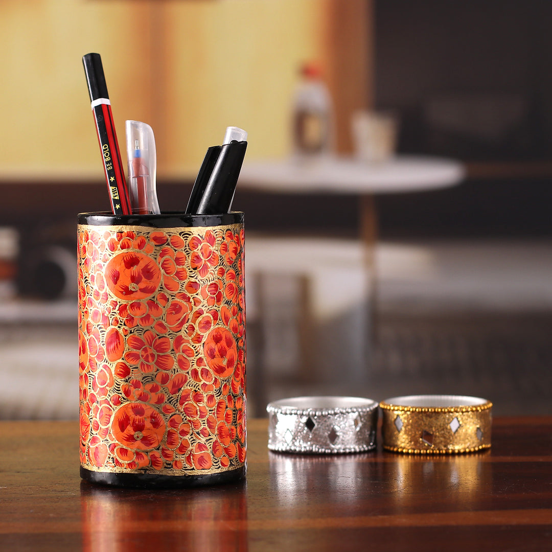 Round Red and Golden Wood and Papier Mache Pen Holder - Springtime Red