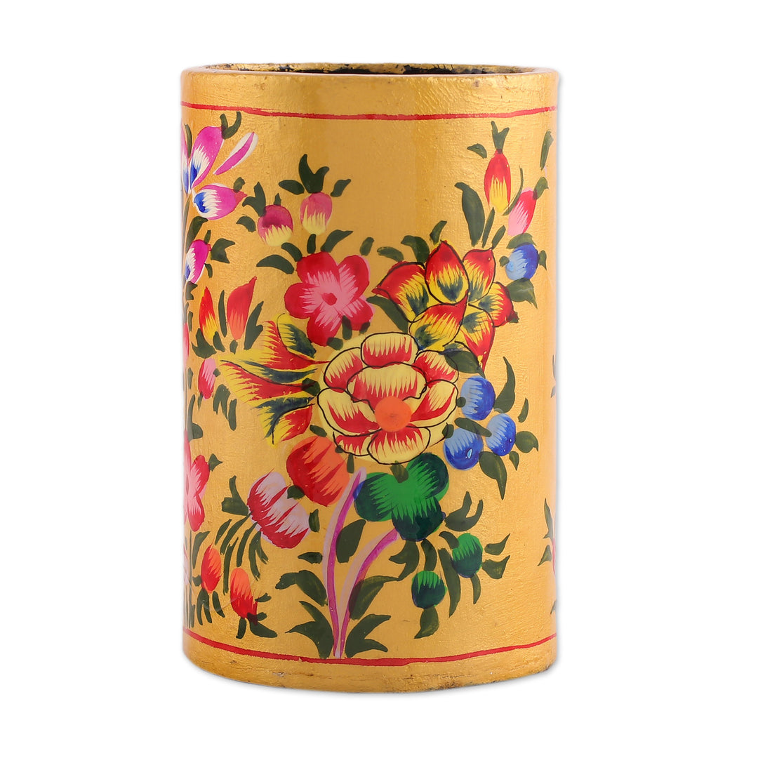 Hand-Painted Floral Wood and Papier Mache Pen Holder in Gold - Floral Sunshine