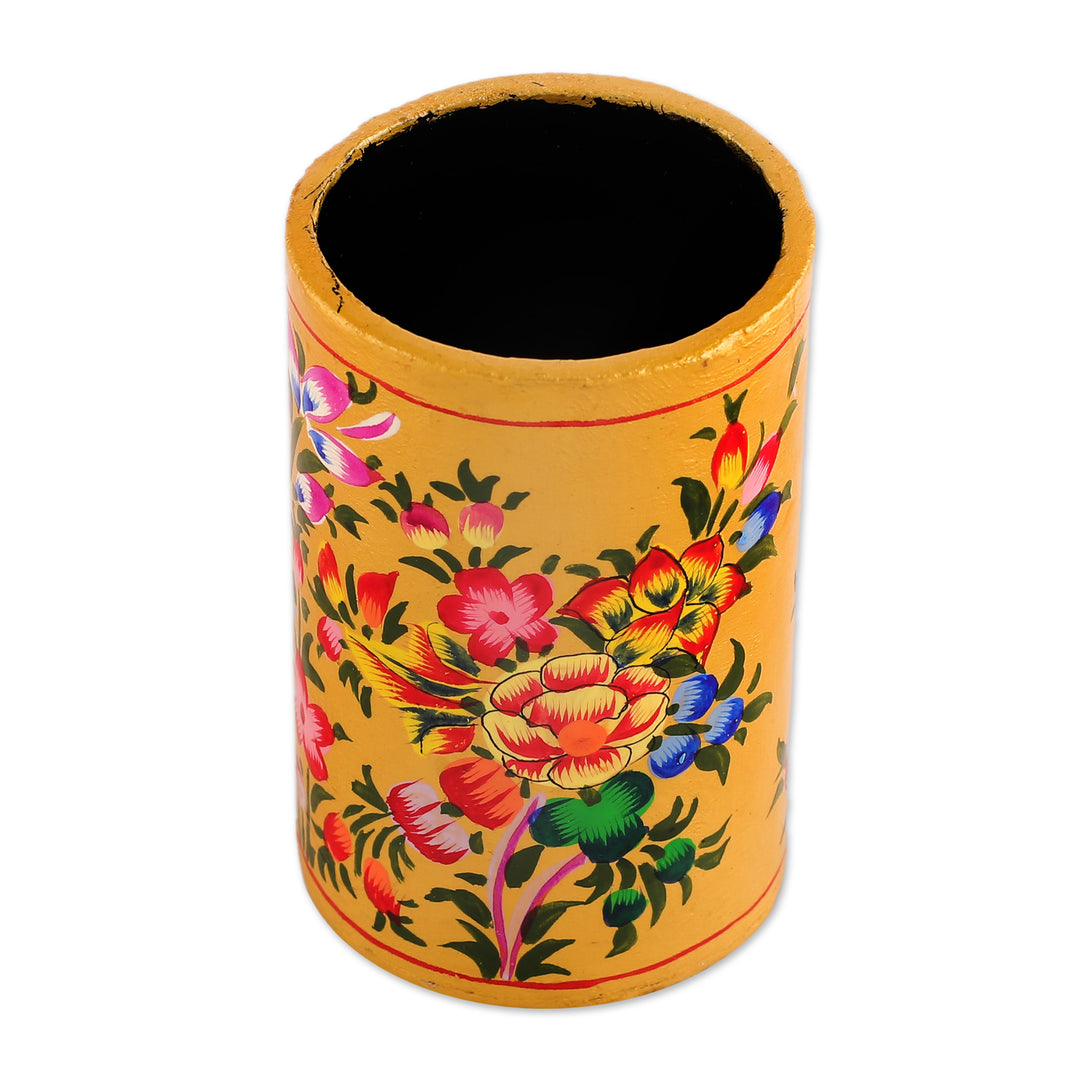 Hand-Painted Floral Wood and Papier Mache Pen Holder in Gold - Floral Sunshine
