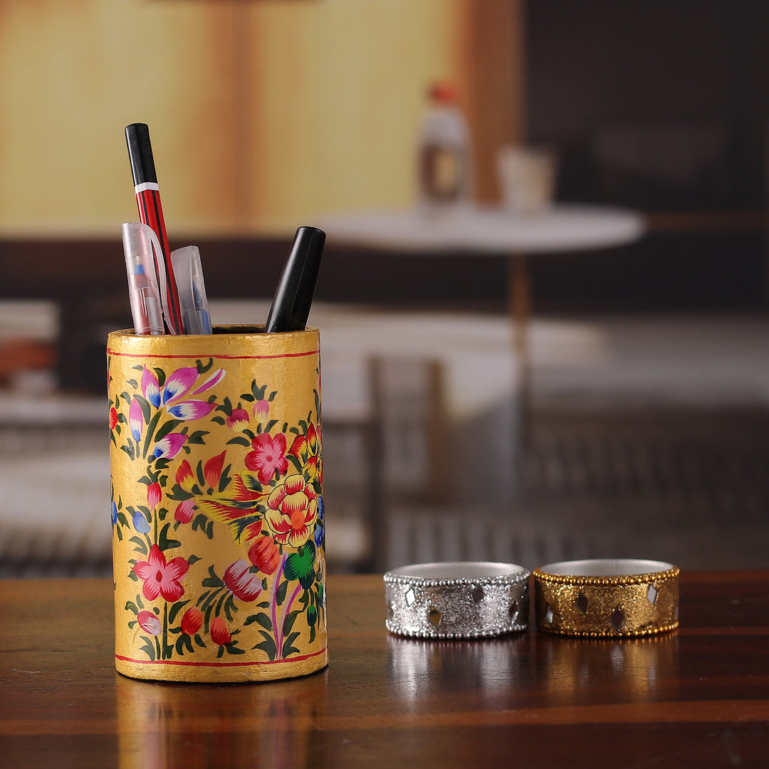 Hand-Painted Floral Wood and Papier Mache Pen Holder in Gold - Floral Sunshine
