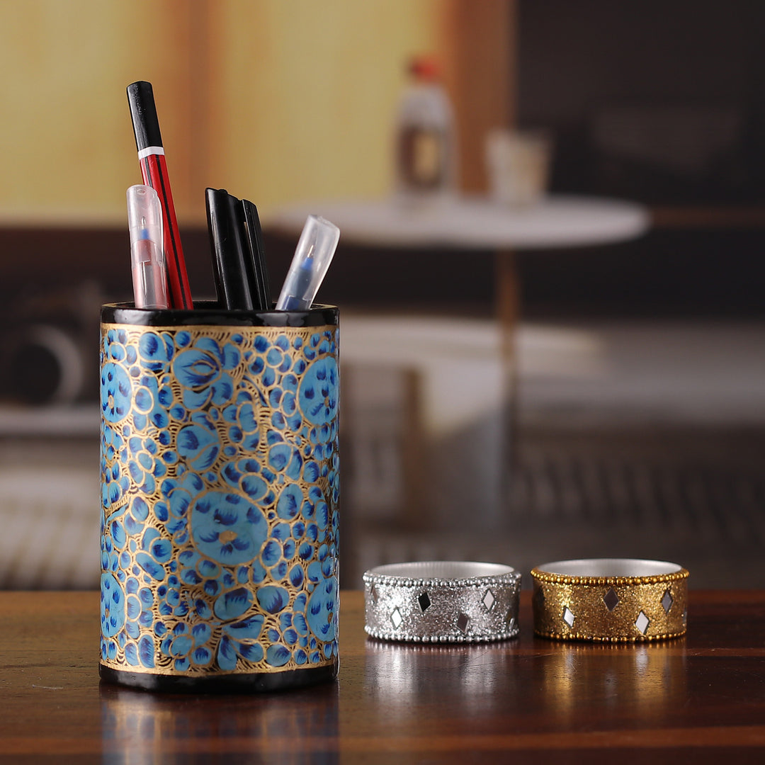 Round Blue and Golden Wood and Papier Mache Pen Holder - Springtime Blue