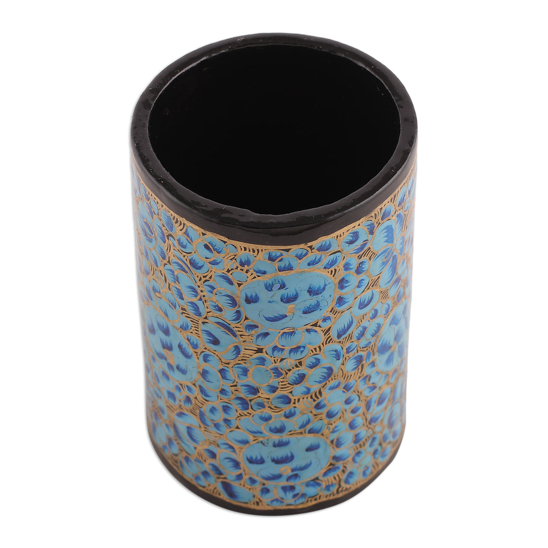Round Blue and Golden Wood and Papier Mache Pen Holder - Springtime Blue