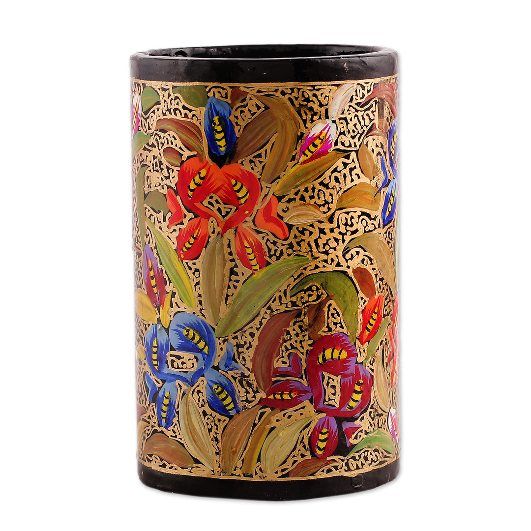 Hand-Painted Floral Wood and Papier Mache Pen Holder - Spring Grandeur