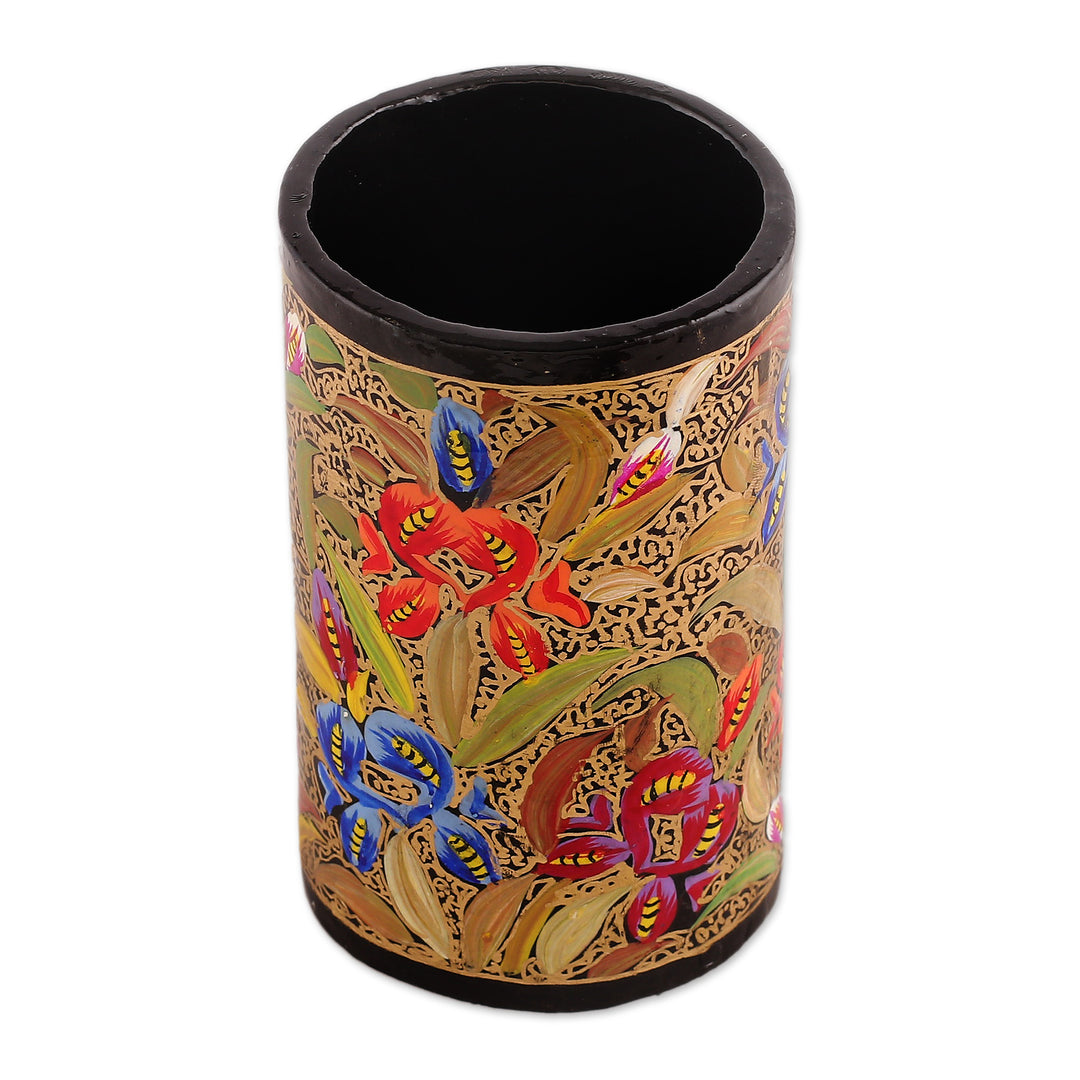 Hand-Painted Floral Wood and Papier Mache Pen Holder - Spring Grandeur