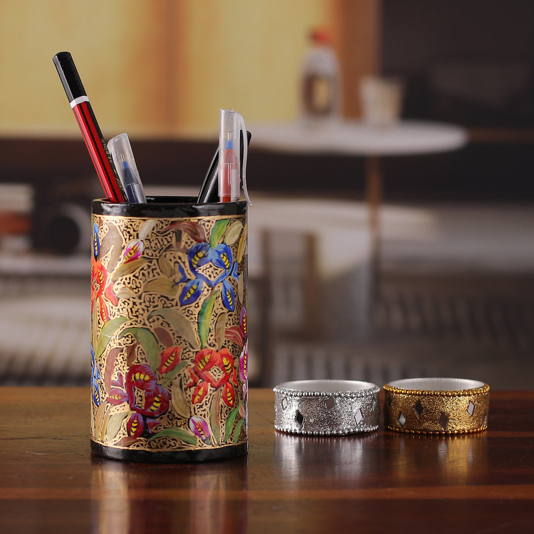 Hand-Painted Floral Wood and Papier Mache Pen Holder - Spring Grandeur