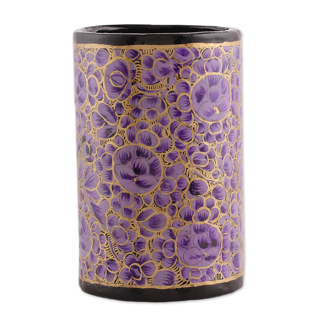 Hand-Painted Purple Floral Wood and Papier Mache Pen Holder - Purple Spring