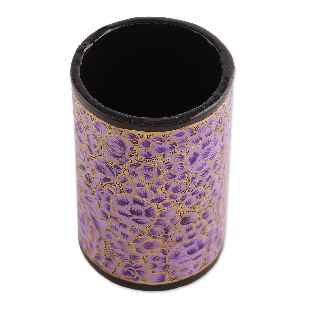 Hand-Painted Purple Floral Wood and Papier Mache Pen Holder - Purple Spring