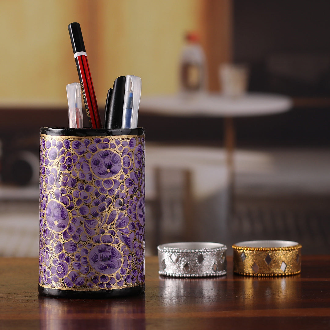 Hand-Painted Purple Floral Wood and Papier Mache Pen Holder - Purple Spring