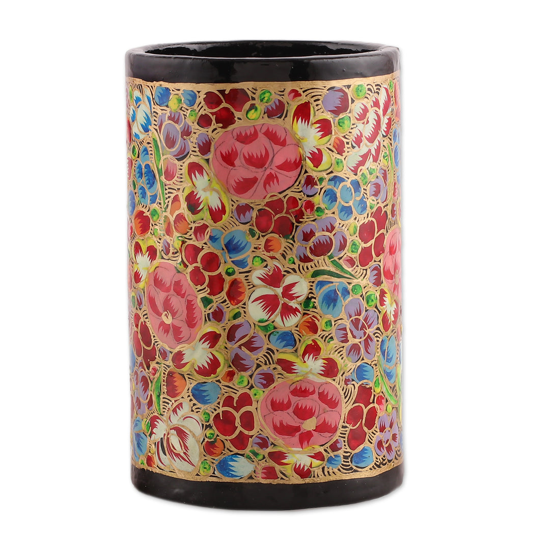 Hand-Painted Colorful Floral Wood Papier Mache Pen Holder - Floral Ecstasy