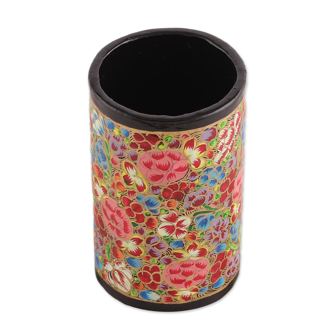 Hand-Painted Colorful Floral Wood Papier Mache Pen Holder - Floral Ecstasy