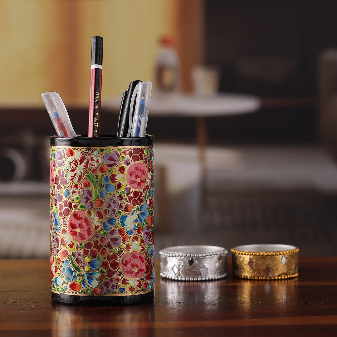 Hand-Painted Colorful Floral Wood Papier Mache Pen Holder - Floral Ecstasy