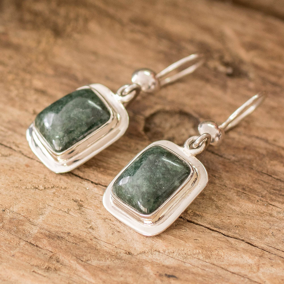 Square Sterling Silver Dark Green Jade Dangle Earrings - Maya Green