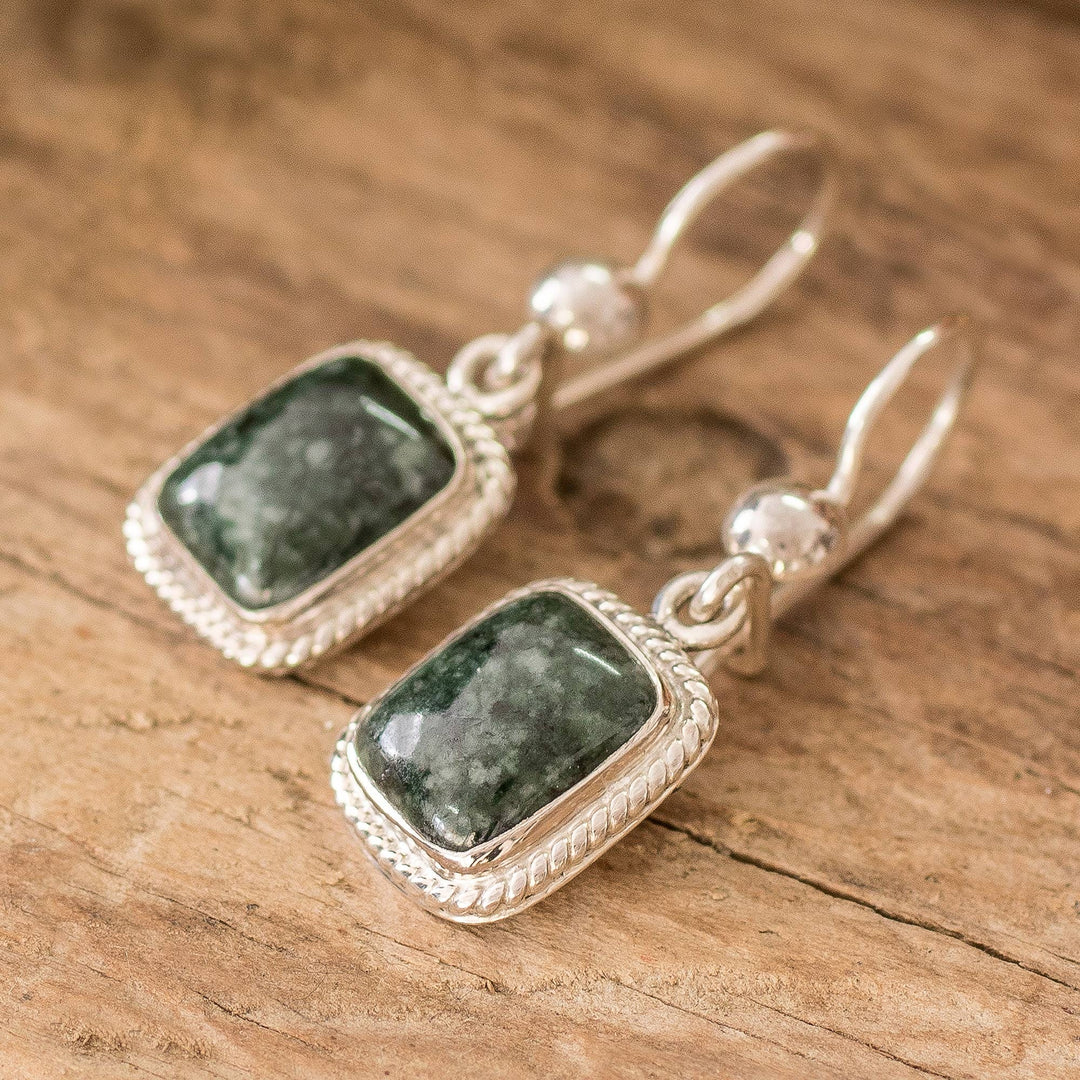 Sterling Silver Guatemalan Dark Green Jade Dangle Earrings - Green Life Divine