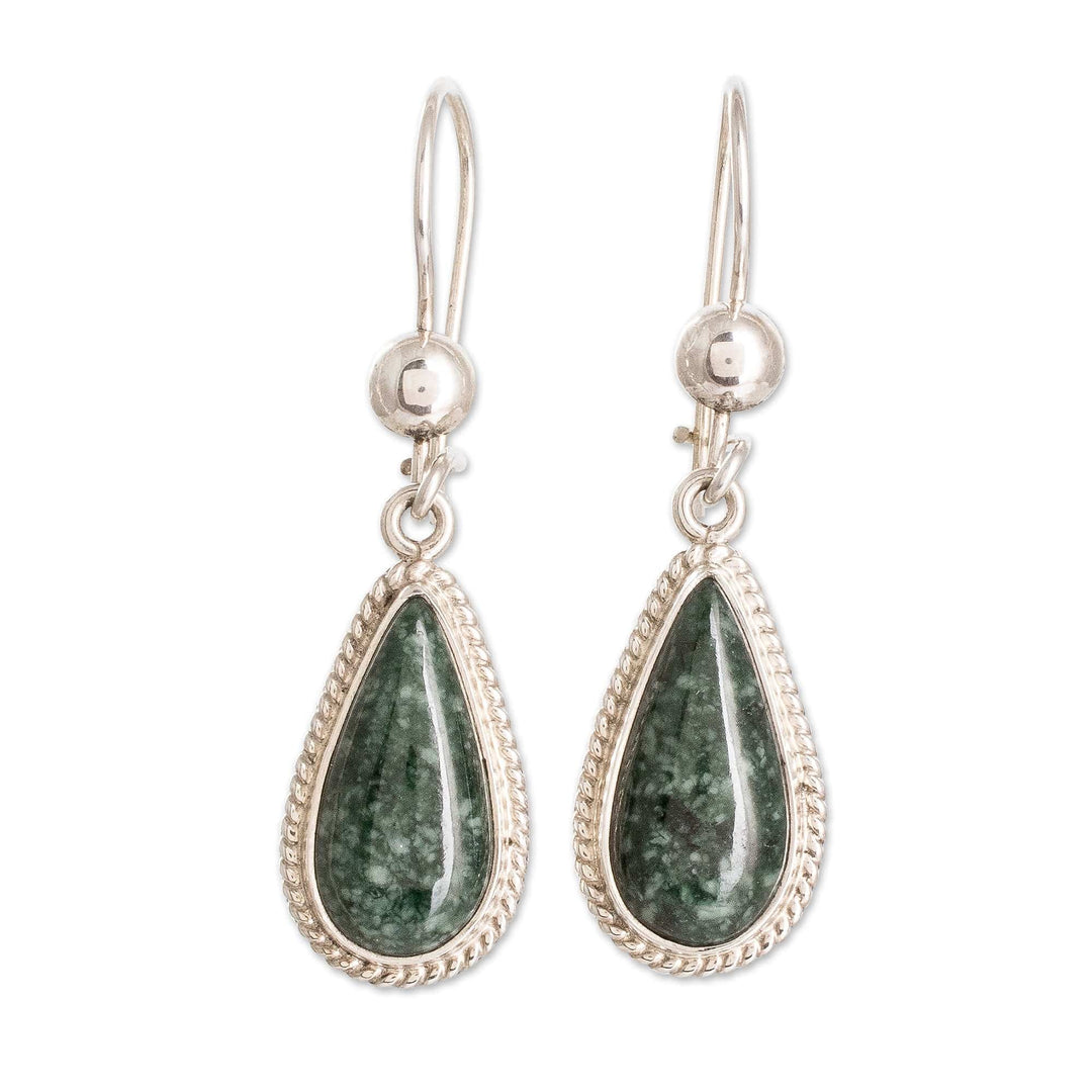 Sterling Silver Dark Green Jade Drop-Shaped Dangle Earrings - Dark Green Sacred Quetzal