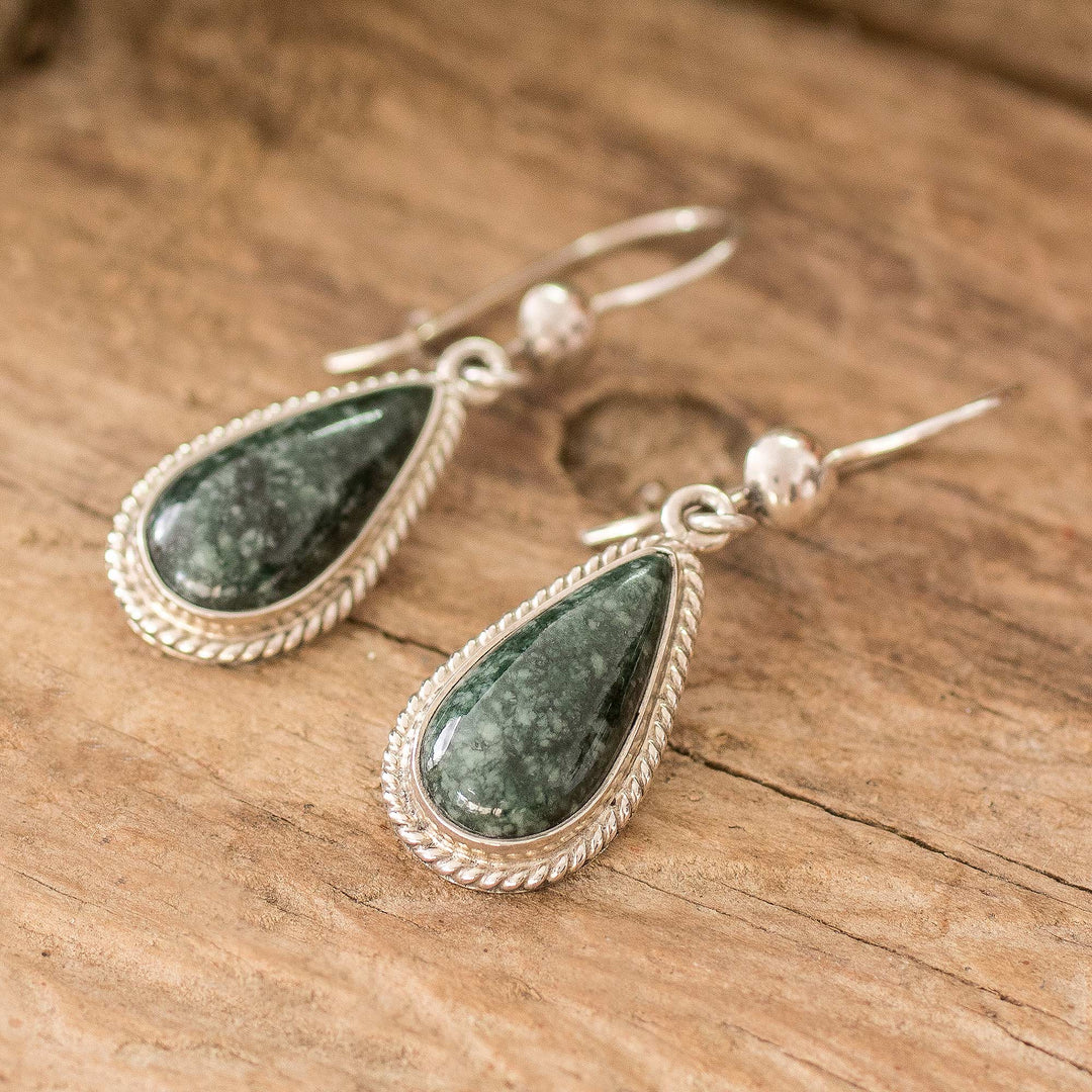 Sterling Silver Dark Green Jade Drop-Shaped Dangle Earrings - Dark Green Sacred Quetzal