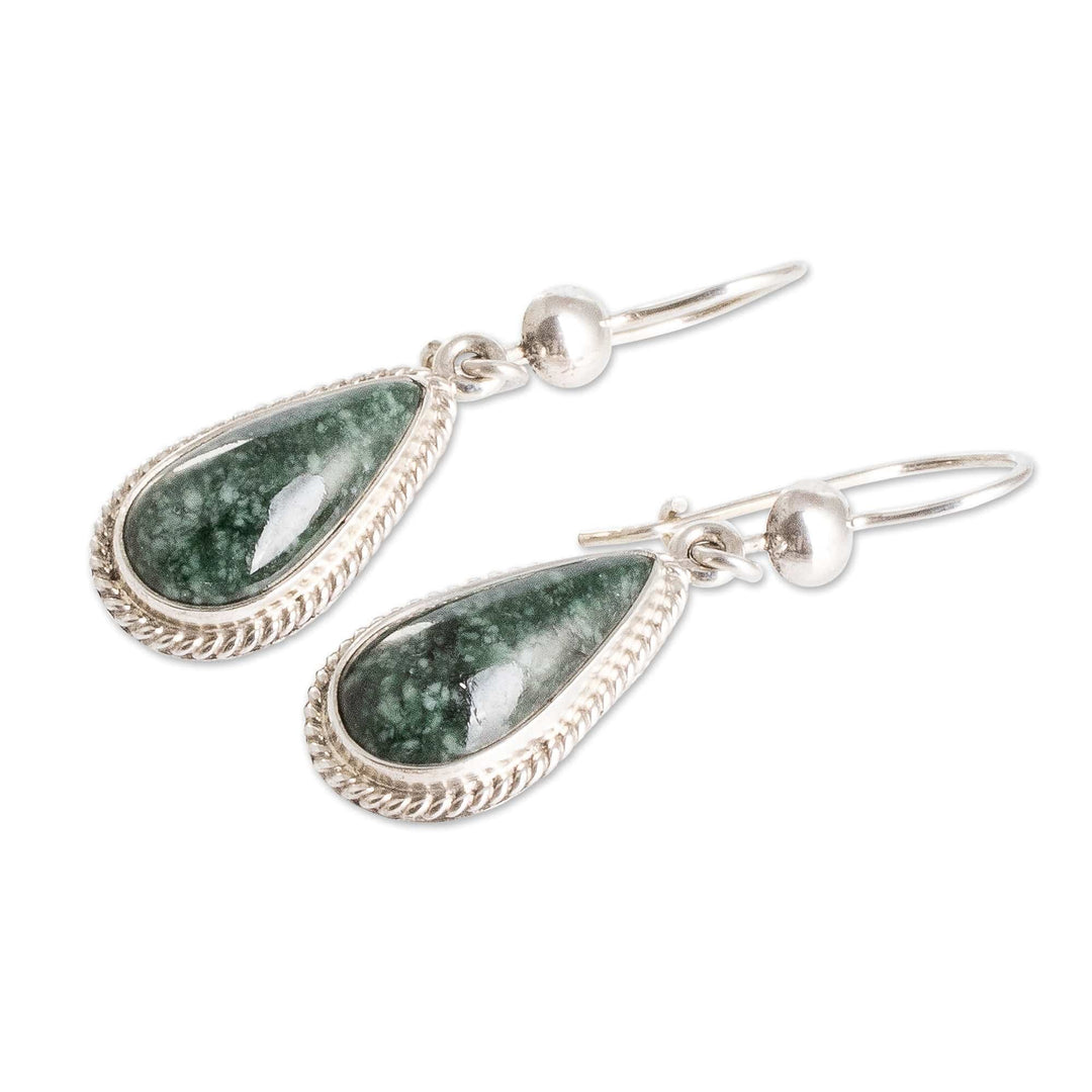 Sterling Silver Dark Green Jade Drop-Shaped Dangle Earrings - Dark Green Sacred Quetzal