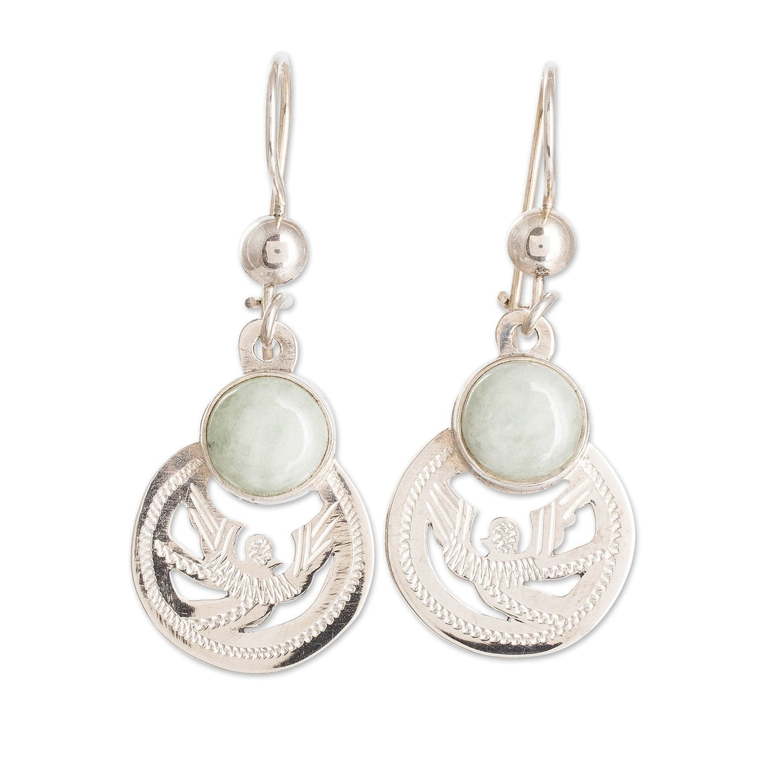 Sterling Silver Apple Green Jade Bird-Themed Dangle Earrings - Apple Green Quetzal Patriot