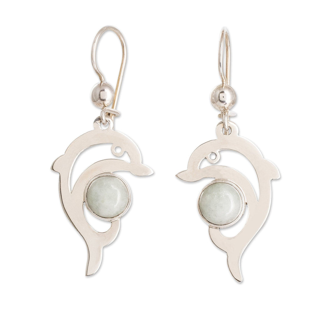 Sterling Silver Apple Green Jade Dolphin Dangle Earrings - Apple Green Dolphin