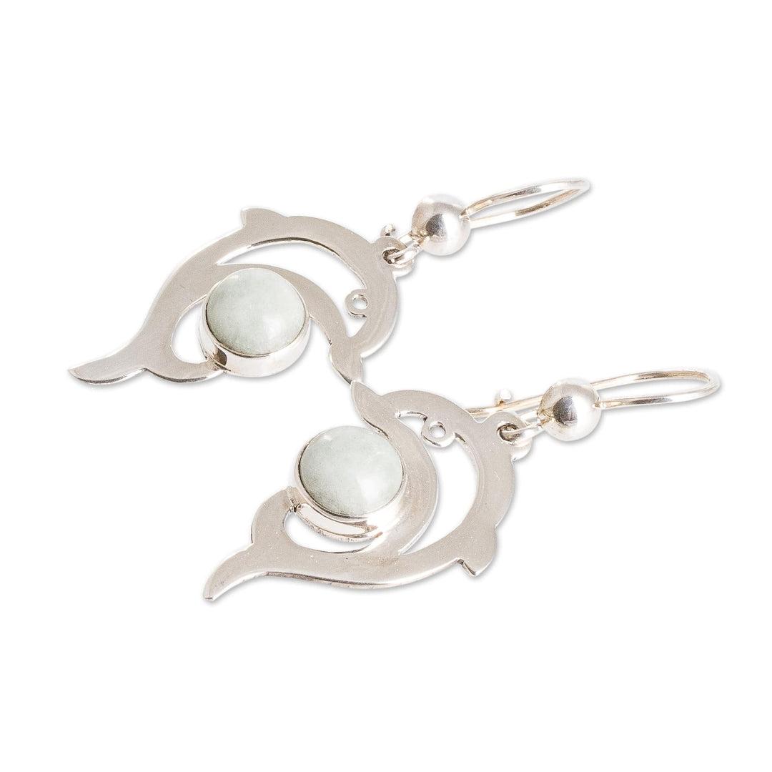 Sterling Silver Apple Green Jade Dolphin Dangle Earrings - Apple Green Dolphin