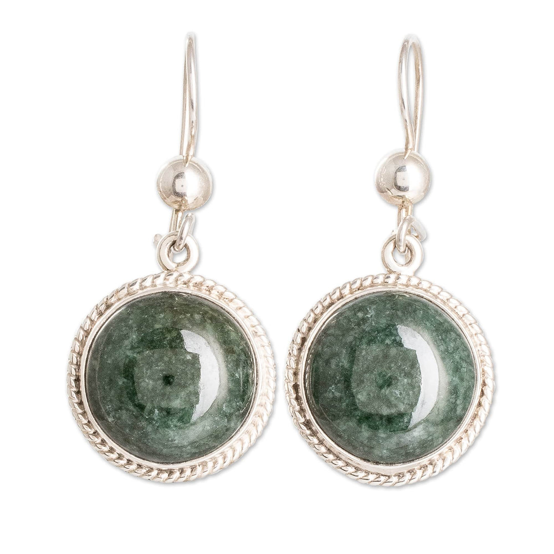 Round Dark Green Jade Sterling Silver Dangle Earrings - Ancient Circle